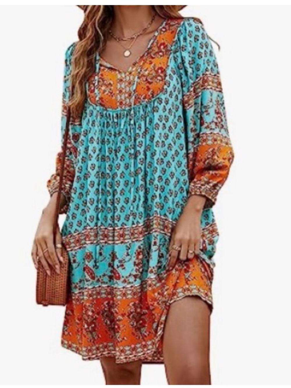 Boho Floral Tie-Front Midi Dress in Teal and Mustard